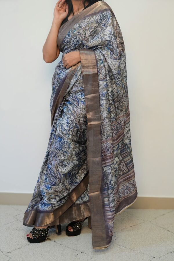 RADIANT CHARM Pure chiffon printed saree with zari border | Ready to wear |Unstitched blouse - Image 9